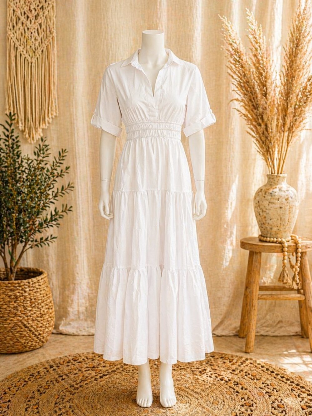 Cupshe White Tiered Midi Dress Boho Cottagecore Smocked Waist NWT Size Small